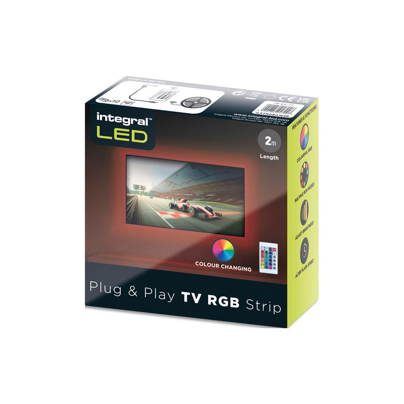 INTEGRAL Bandeau LED TV PLUG&amp;PLAY 2mètres, 24 LED&#47;m 5V, 1,5W&#47;m. Réglable avec télécomma