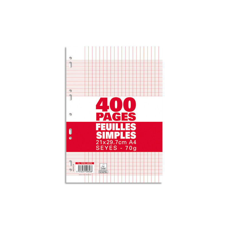 Sachet de 400 pages copies simples grand format A4 grands carreaux Seyès 70g perforées