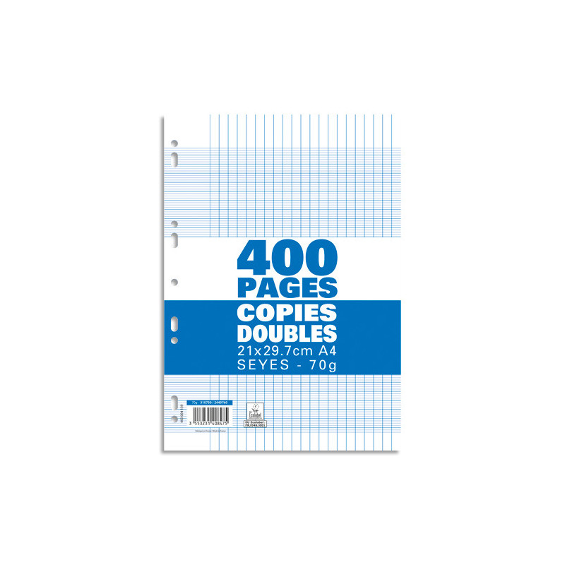 Sachet de 400 pages copies doubles grand format A4 grands carreaux Seyès 70g perforées