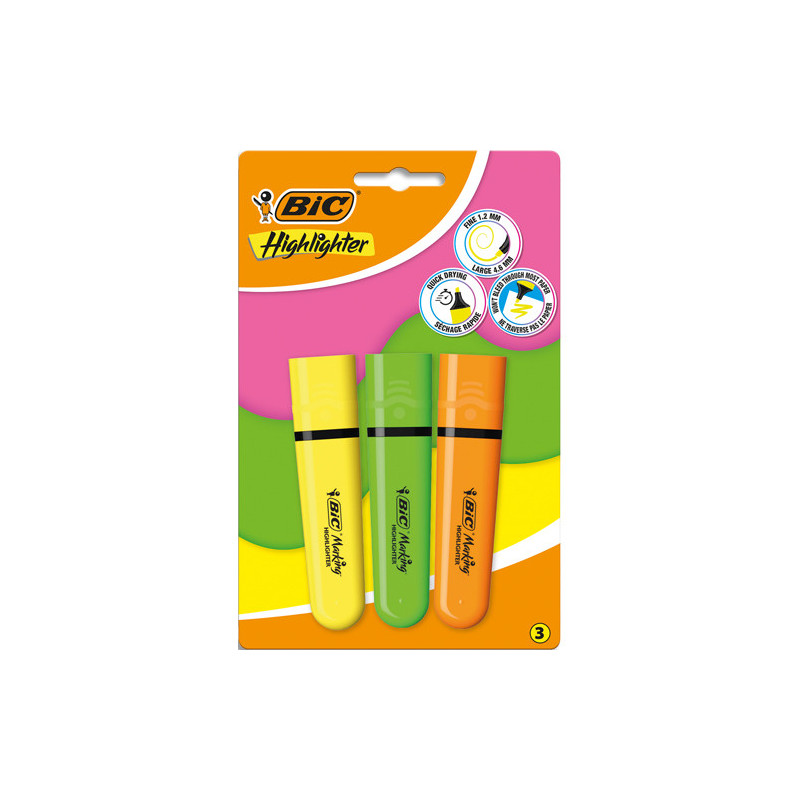 BIC Blister 3 surligneurs Jumbo Pointe biseautée. Séchage rapide. Couleurs assorties vert, orange, jaune