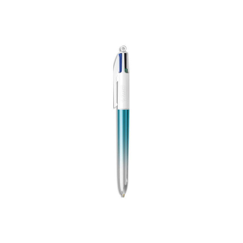 BIC Stylo bille rétractable 4 couleurs. Pointe Moyenne (1,0 mm). Décor BI COLOR bleu / argenté