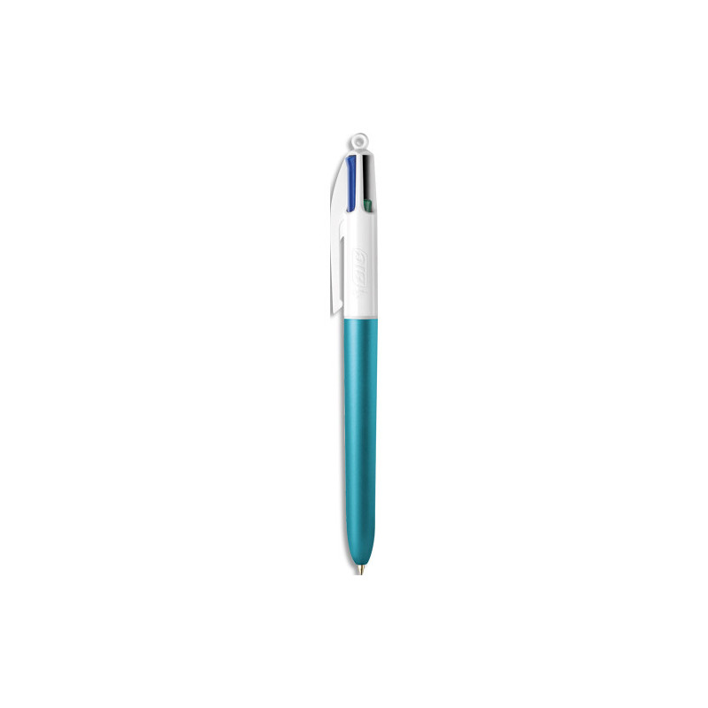 BIC Stylo bille rétractable 4 couleurs. Pointe Moyenne (1,0 mm). Décor effet bleu glacé