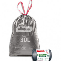 ALFAPAC Boîte de 450 sacs à lien coulissant recyclé type 30L résistant coloris argent&#47;noir