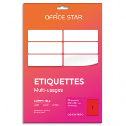 OFFICE STAR Boîte 50 étiquettes adhésives multiusage format A4 210x297mm. Planche A4. Coloris rouge