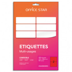 OFFICE STAR Boîte 100 étiquettes adhésives multiusage format A5 210x148mm. Planche A4. Coloris rouge