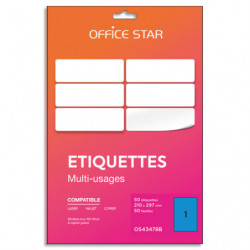 OFFICE STAR Boîte 50 étiquettes adhésives multiusage format A4 210x297mm. Planche A4. Coloris bleu