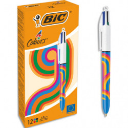 BIC Stylo bille rétractable 4 Couleurs. Corps décoré d'un design Tie &amp; Dye rose, bleu violet et bl