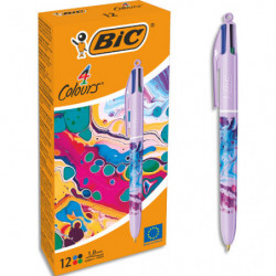 BIC Stylo bille rétractable 4 Couleurs. Corps décoré d&#39;un design botanique feuills verte, bleue et bla