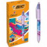 BIC Stylo bille rétractable 4 Couleurs. Corps décoré d'un design botanique feuills verte, bleue et bla