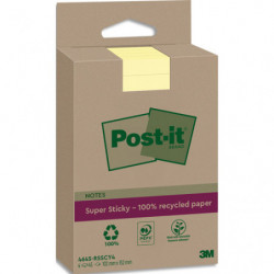 POST-IT Lot de 4 blocs repositionnable Super Sticky 100% recyclé. 45 feuilles lignées de 102x152mm.Jaune