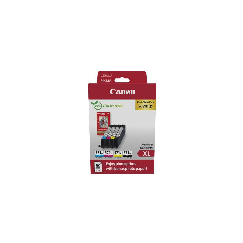 CANON Multipack 4 cartouches Jet d&#39;encre N&deg; 571 &#47; 0332C006 Noir + Cyan + Magenta + Jaune Photo-Format XL