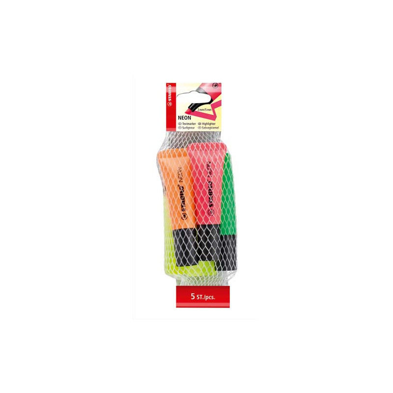 STABILO NEON surligneur pointe biseautée - Filet de 5 surligneurs fluo - Coloris assortis