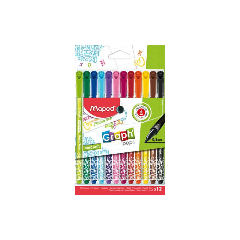 MAPED Pochette de 12 Stylos feutre Graph Peps, pointe moyenne 0,8 mm. Assortis