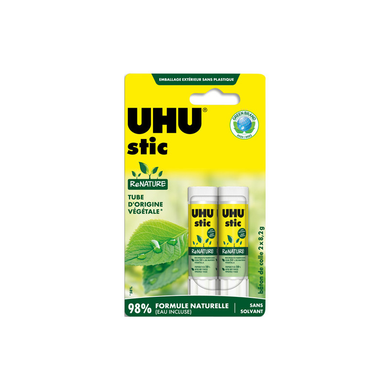 UHU Blister 2 stics colle blanche 8,2g ReNATURE. Tube bio fait à 58% d'origine végétale,100% recyclables.