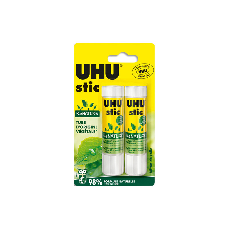 UHU Blister 2 stics colle blanche 21g ReNATURE. Tube bio fait à 58% d'origine végétale,100% recyclables.