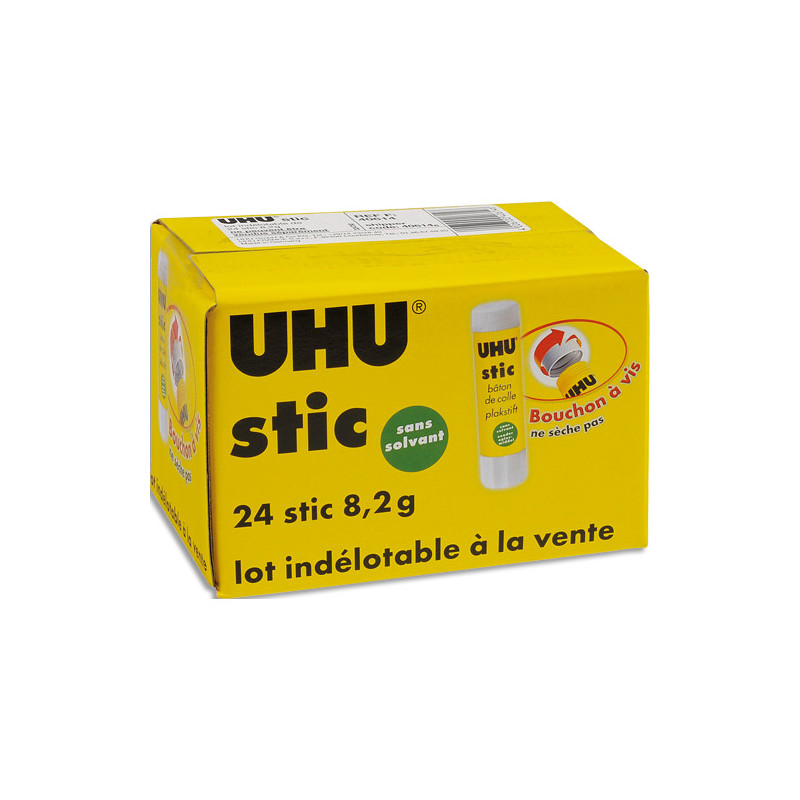 UHU Boîte de 24 stics de colle blanche de 8,2g. Sans solvant. Lavable à l&#39;eau. Boîte indélotable