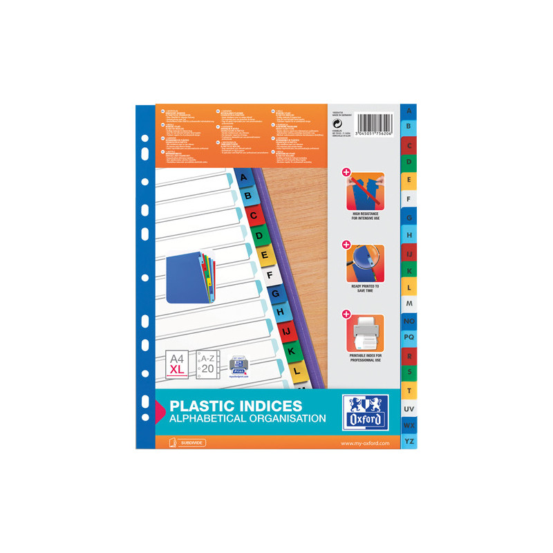 OXFORD Intercalaire alphabétique, en polypropylène 12&#47;100e, 20 positions, format A4+. Assortis