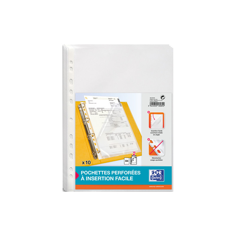 OXFORD Sachet de 10 pochettes perforées A4 PP transparent lisse 7/100. Ouverture en coin toute hauteur