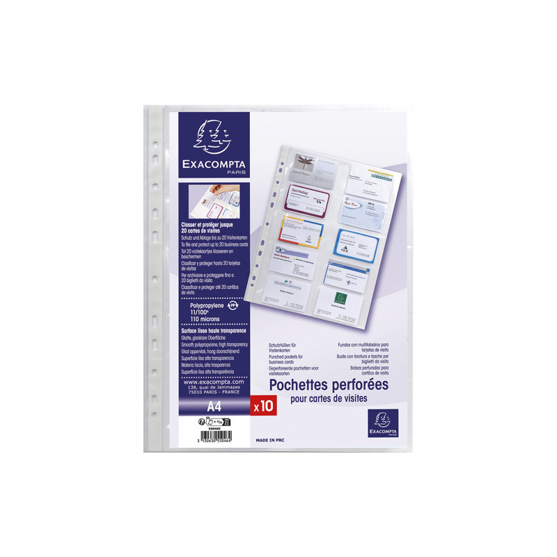 EXACOMPTA Sachet de 10 pochettes perforées cartes de visite en PP 11&#47;100e. Format A4. Perforation 11 trou