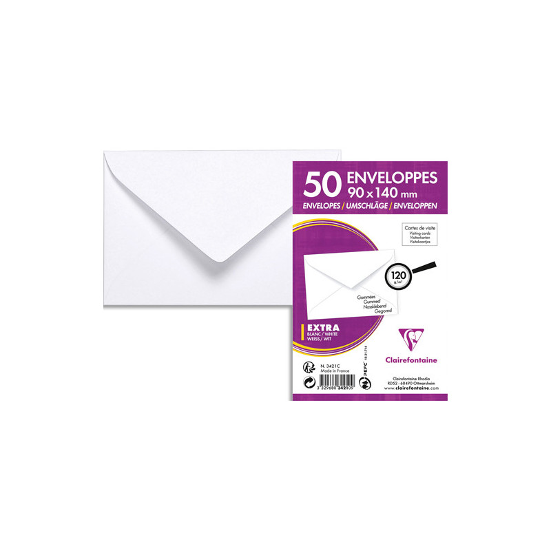 CLAIREFONTAINE Paquet 50 enveloppes blanches 120g 90x140mm gommées