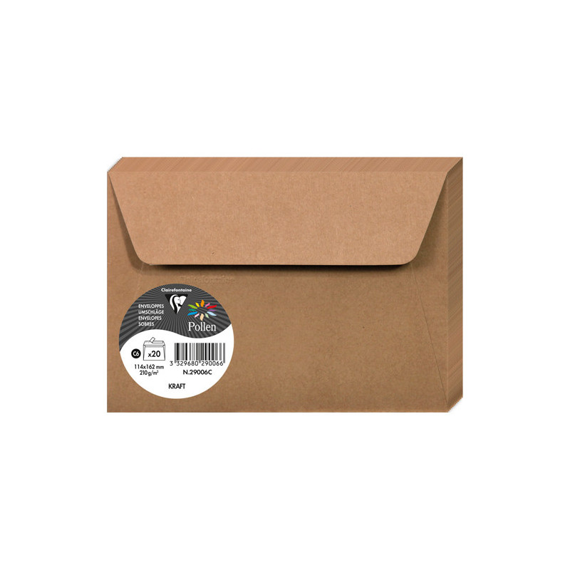 CLAIREFONTAINE Paquet de 20 enveloppes 120g POLLEN 11,4x16,2cm (C6). Coloris Kraft