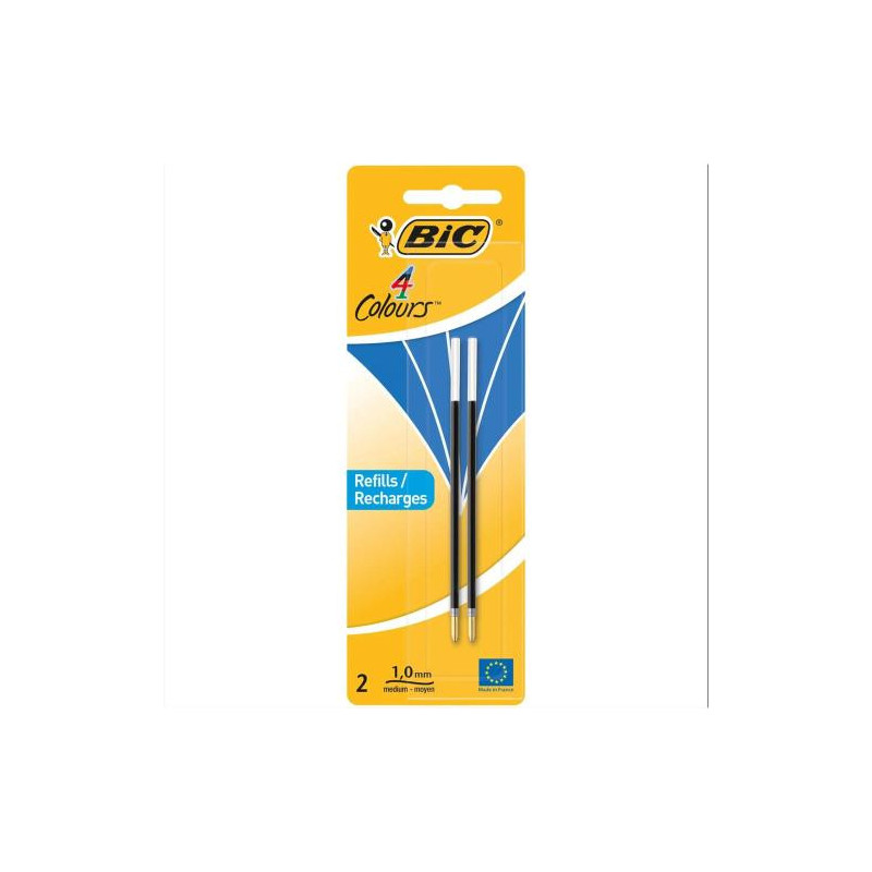 BIC Blister de 2 Recharges pour stylo bille 4 Couleurs. Pointe Moyenne 1,0mm. Encre bleue