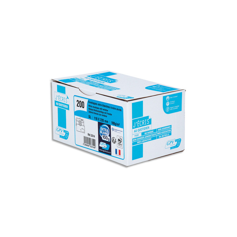 GPV Boîte de 200 enveloppes DL 110x220mm fenêtre 45x100mm 100g Blanches auto-adhésives PEFC