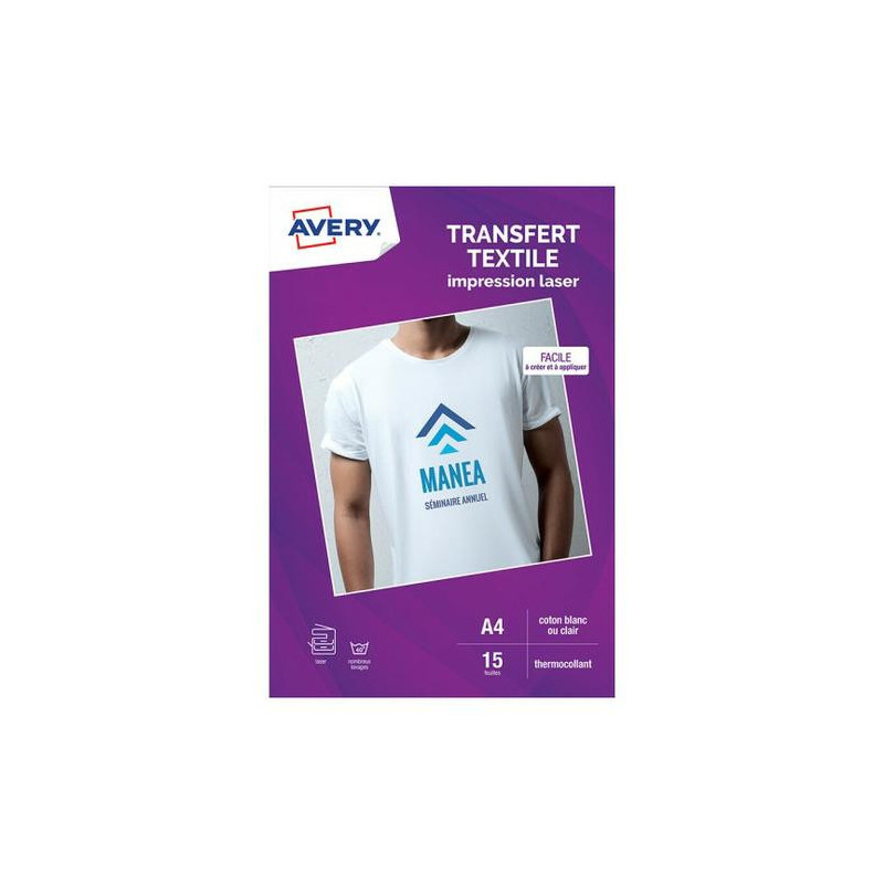 AVERY Boîte de 15 feuilles transferts pour textiles blancs ou clairs, Laser