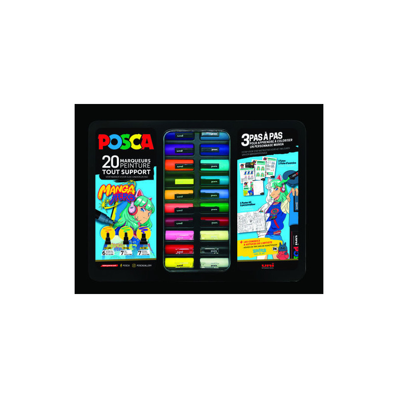 UNI POSCA Mallette métal 20 marqueurs &#39;&#39;manga hero&#39;&#39; couleurs et pointes assorties M POSCA METAL&#47;20 019