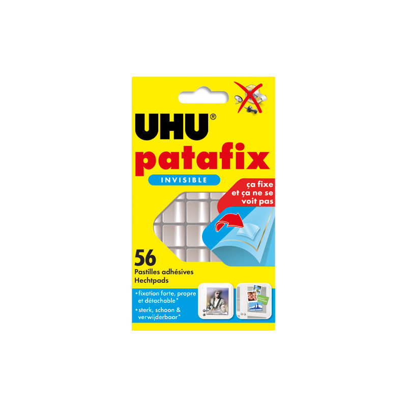 UHU Etui de 56 pastilles Patafix adhésives double face, ultra fines et invisibles. Sans solvant ni acide