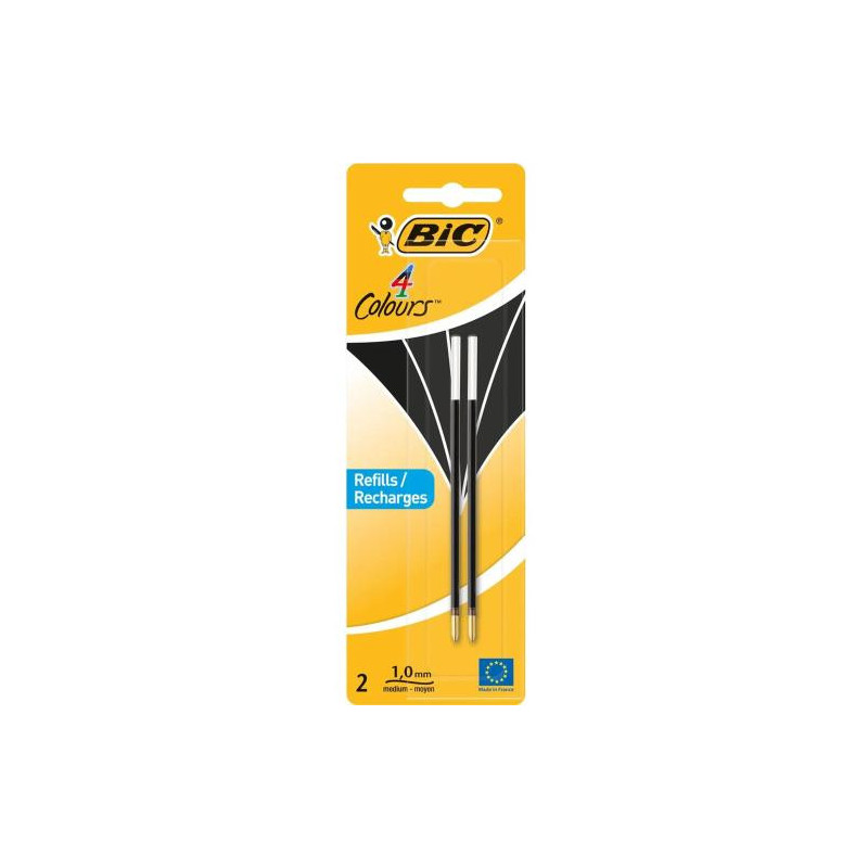BIC Blister de 2 Recharges pour stylo bille 4 Couleurs. Pointe Moyenne 1,0mm. Encre noire