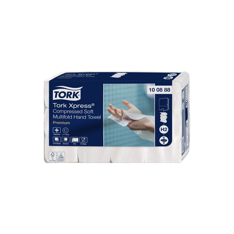 TORK Colis 12 paquets de 170 Essuie-mains compressés interfoliés Doux Premium 2 plis plié en M 21,2x32 cm