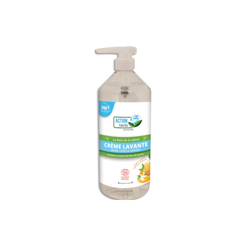 ACTION VERTE Flacon 1l crème lavante mains, corps, cheveux miel fleur d&#39;oranger Ecocert COSMOS PV01273801