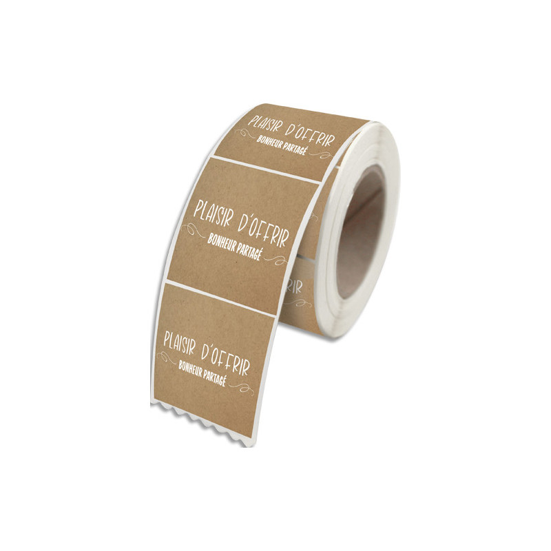 Etiquettes adhésives Plaisir d'Offrir (Motif Blanc sur Fond Kraft), 4x3,5cm - Rouleau de 500 96E0442