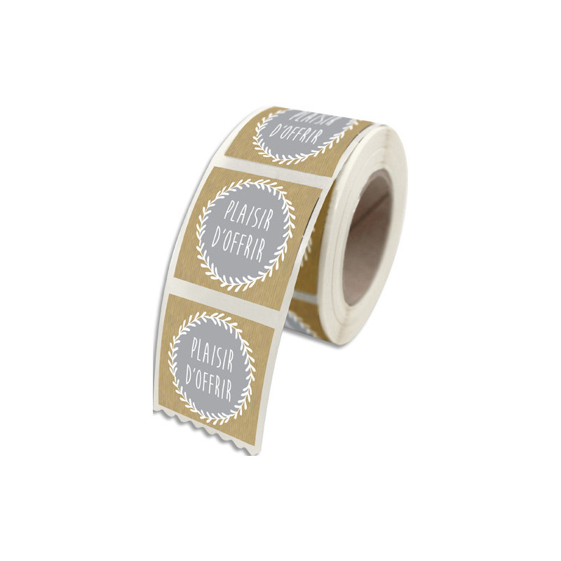 Etiquettes adhésives Plaisir d'Offrir (Motif Gris et Blanc), 4x3,5cm - Rouleau de 500 dans un 96E041