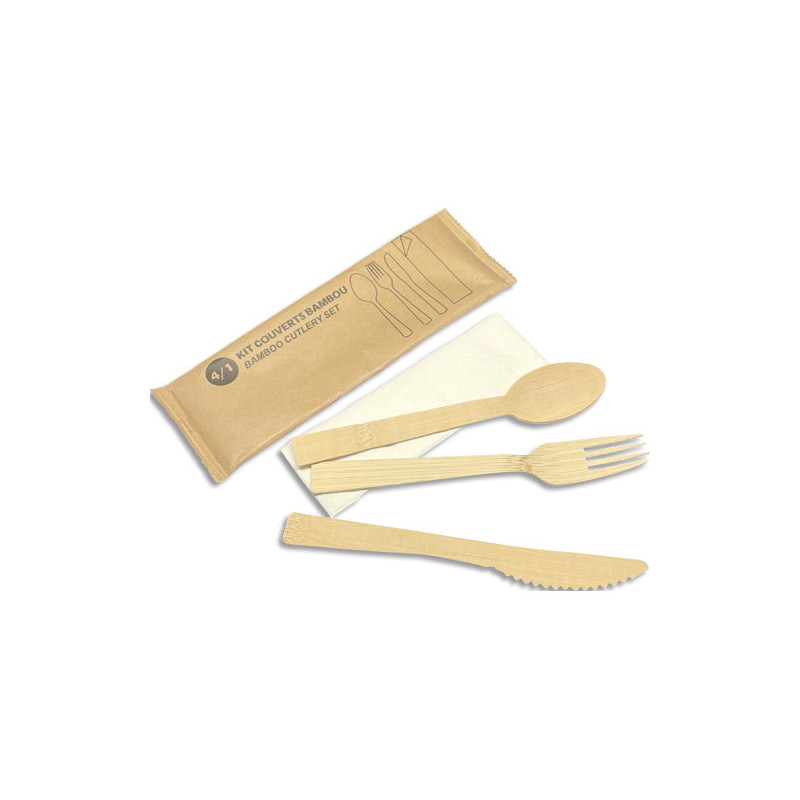 Sachet 100 Kits couvert bois 4 en 1 (Fourchette, Couteau, Cuillère, Serviette) 4100KIT