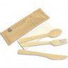 Sachet 100 Kits couvert bois 4 en 1 (Fourchette, Couteau, Cuillère, Serviette) 4100KIT