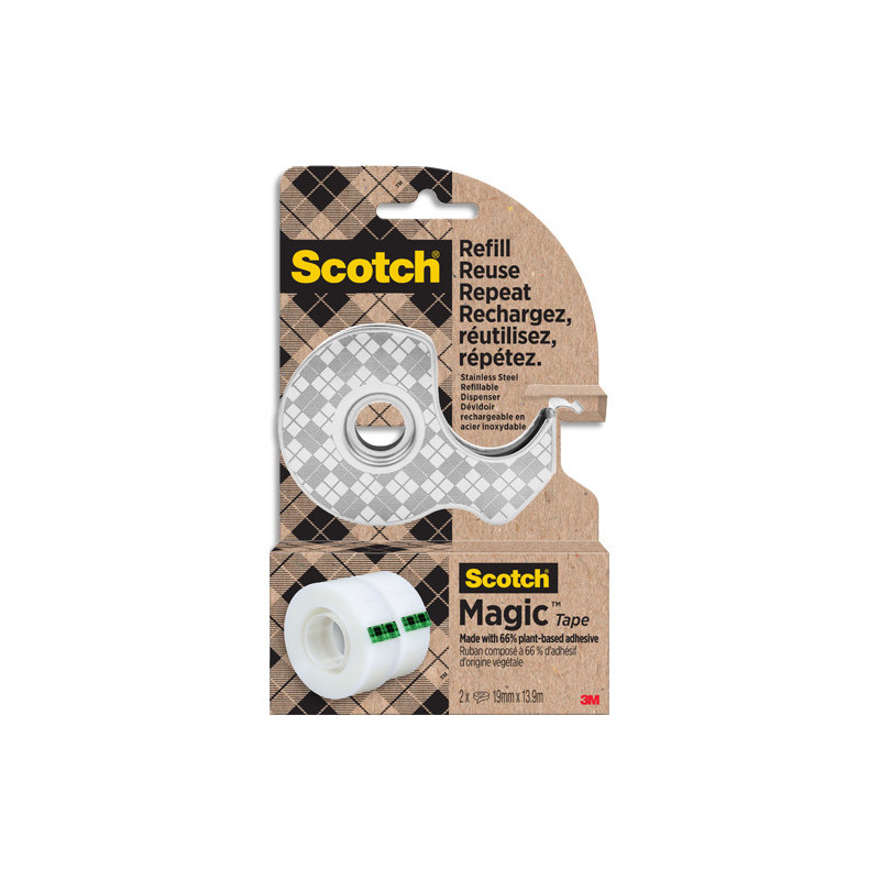 SCOTCH Dévidoir escargot en acier inoxydable SCOTCH + 2 rouleaux Magic recyclé 19mmx13,9m