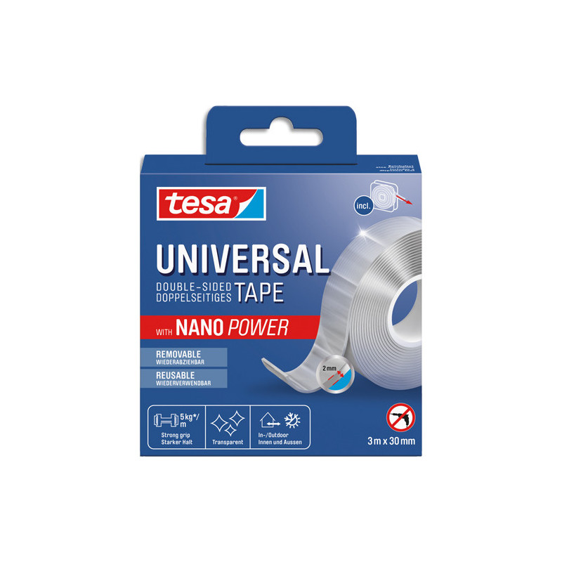 TESA Adhésif double face multi usage réutilisable supporte jusqu&#39;à 5kgs par mètre de ruban 55810-00000-00