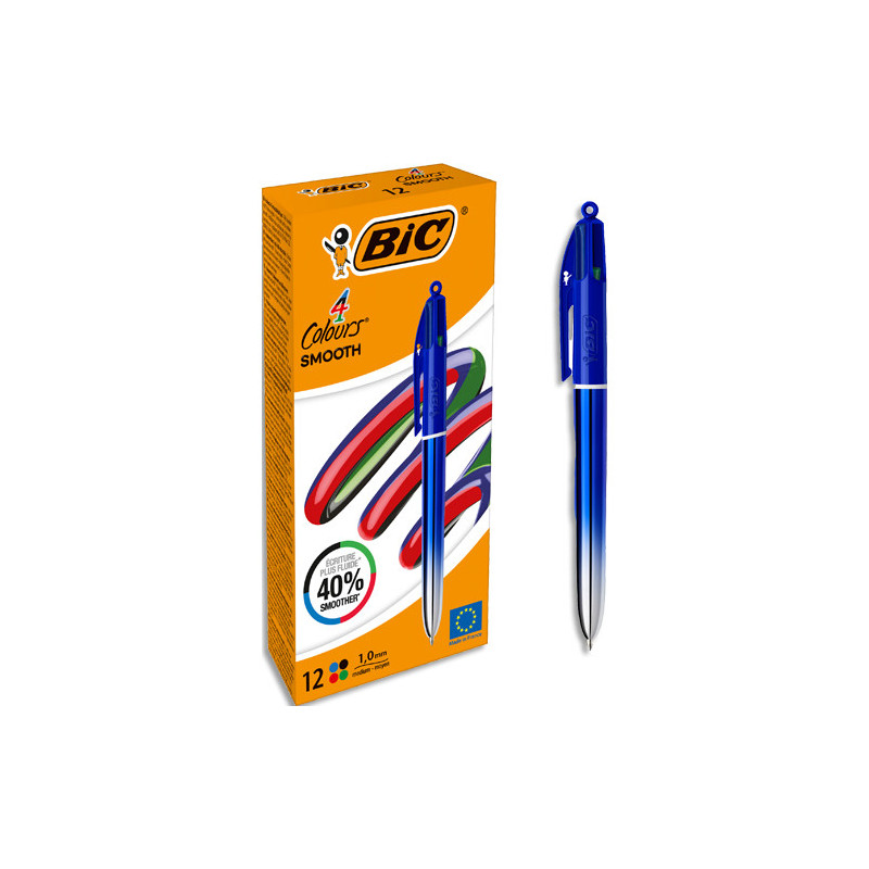 BIC Stylo bille 4 couleurs rétractables Smooth. Pointe Moyenne (1,0 mm) - Corps irrisé Bleu