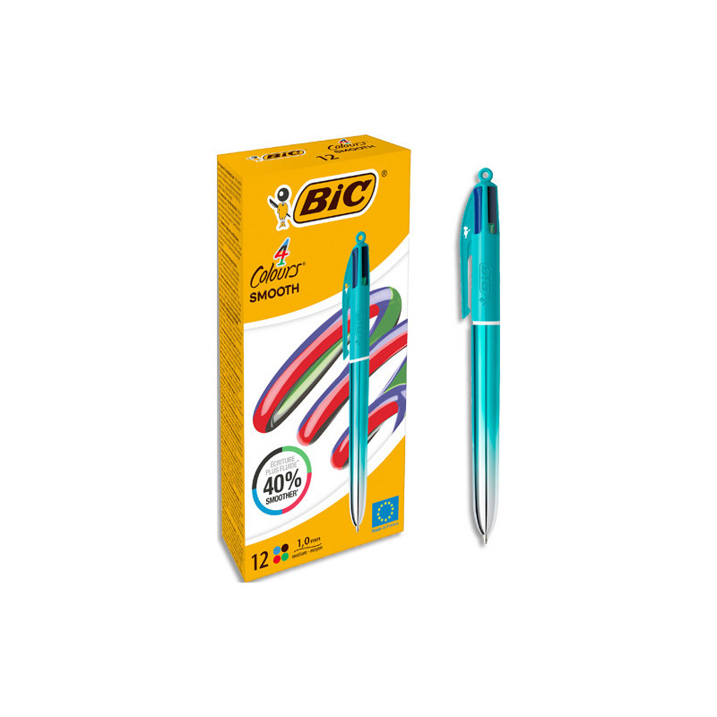 BIC Stylo bille 4 couleurs rétractables Smooth. Pointe Moyenne (1,0 mm) - Corps irrisé vert