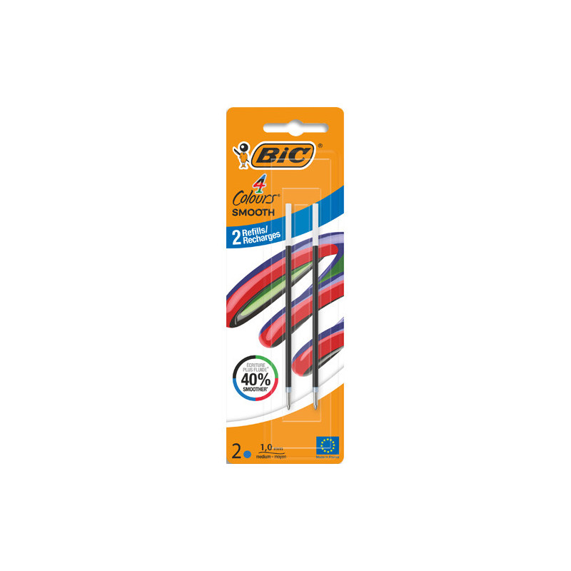 BIC Blister de 2 recharges pour stylo bille 4 couleurs Smooth. Pointe Moyenne (1,0 mm) - Bleu