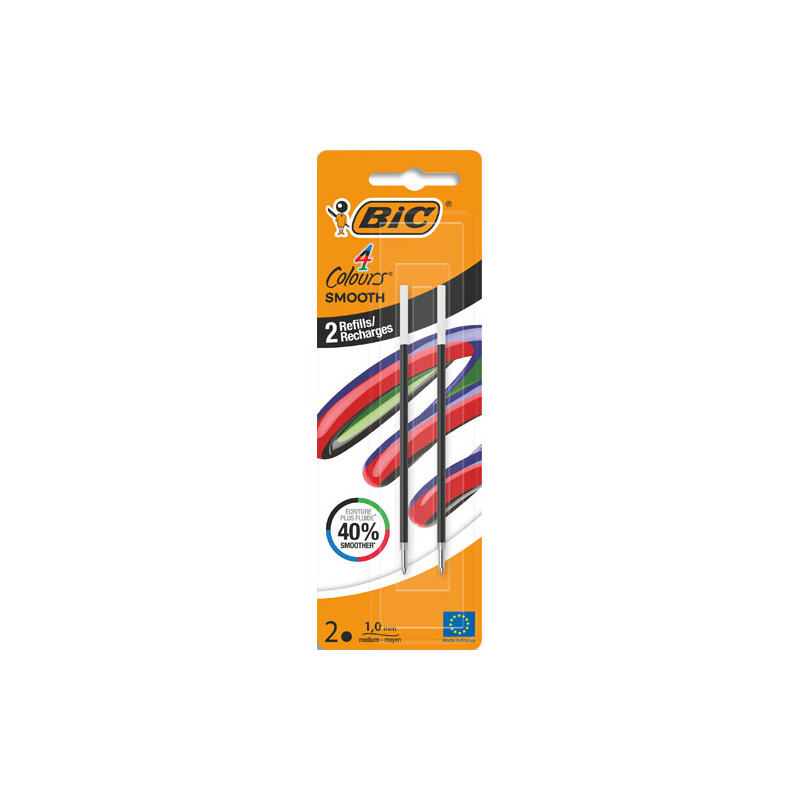 BIC Blister de 2 recharges pour stylo bille 4 couleurs Smooth. Pointe Moyenne (1,0 mm) - Noir