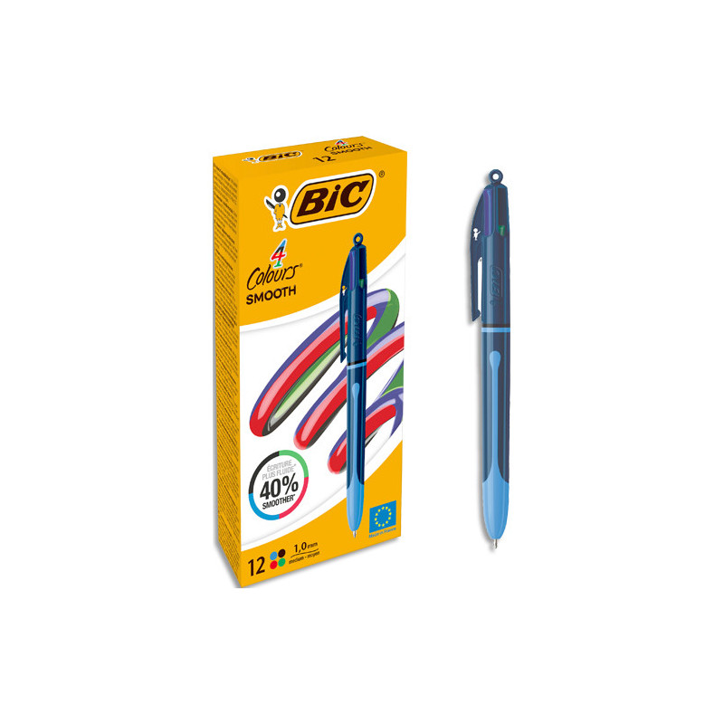 BIC Stylo bille 4 couleurs rétractables SmoothPro. Pointe Moyenne (1,0 mm) - Corps bleu foncé/bleu clair