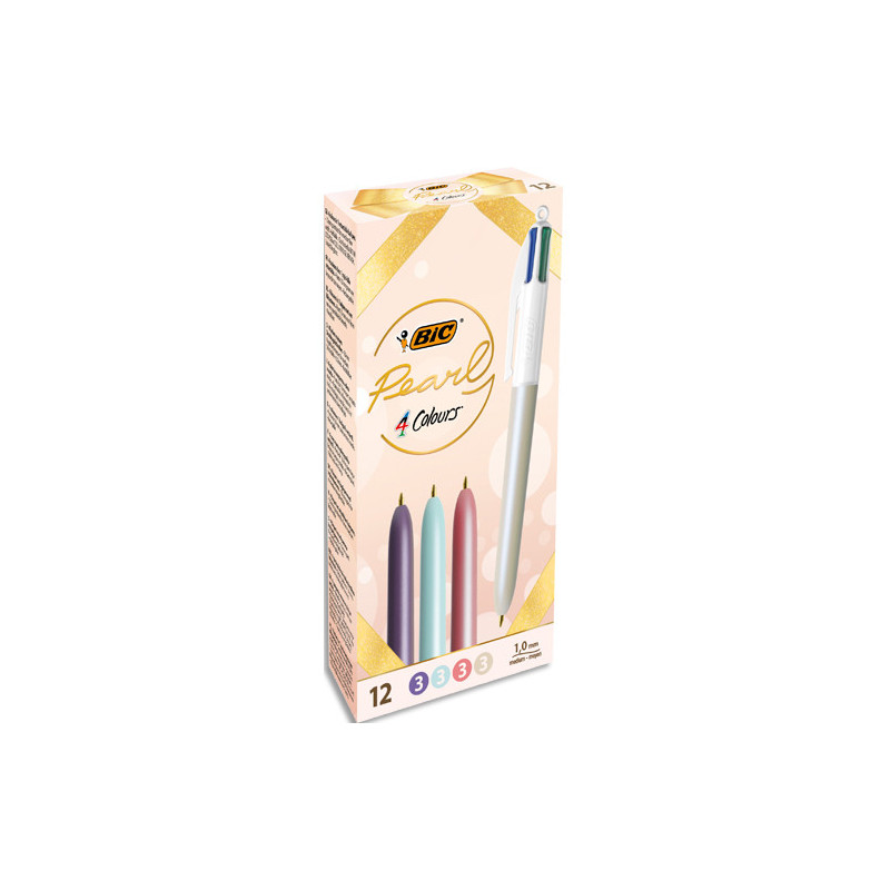 BIC Stylo bille 4 couleurs rétractables Pearl. Pointe Moyenne (1,0 mm) - Coloris assortis