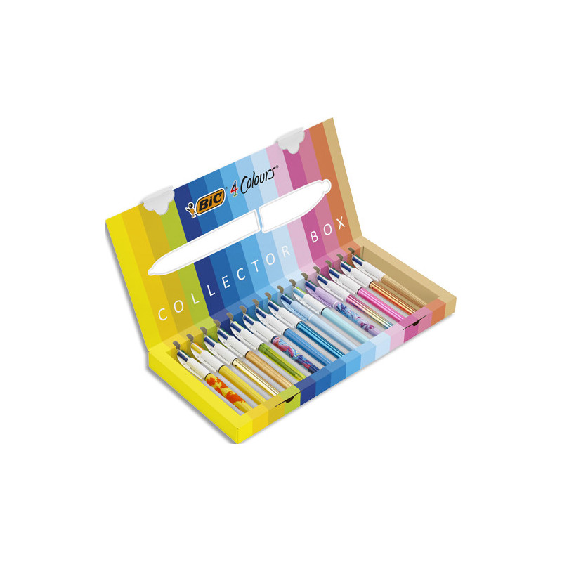 BIC Coffret de 15 stylos bille 4 couleurs rétractables Collector Box. Pointe Moyenne 1mm et Large 1,6mm