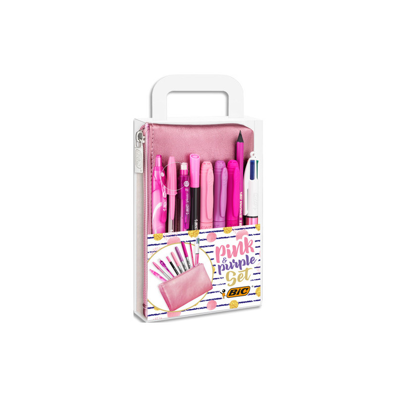 BIC Set trousse et stylos Pink&amp;Purple. 1 Trousse / 2 billes / 1 gel / 2 feutres / 3 marqueurs permanents