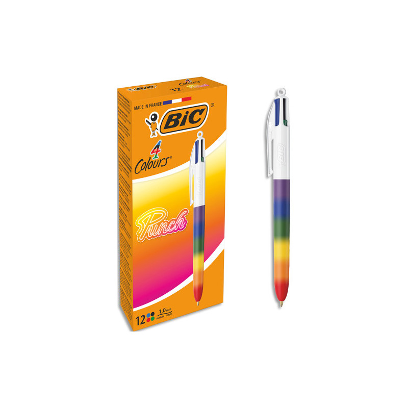 BIC Stylo bille 4 couleurs rétractables Punch Arc en ciel. Pointe Moyenne (1,0 mm) - Coloris vifs