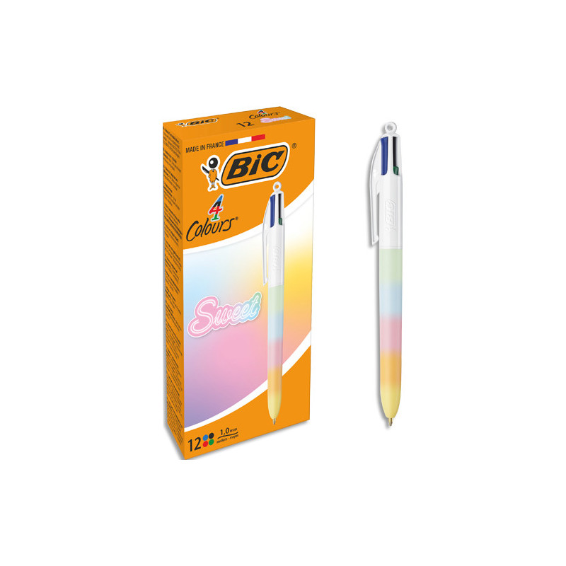 BIC Stylo bille 4 couleurs rétractables Sweet Arc en ciel. Pointe Moyenne (1,0 mm) - Coloris pastel