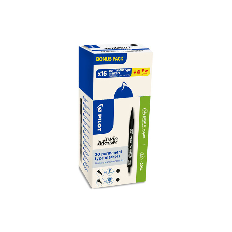 PILOT Boîte de 20 marqueurs TWIN MARKER, pointe extra fine&#47;fine. Coloris noir